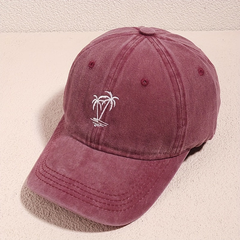 Coconut Tree Embroidery Baseball Cap Unisex Washed Distressed Sun Hat