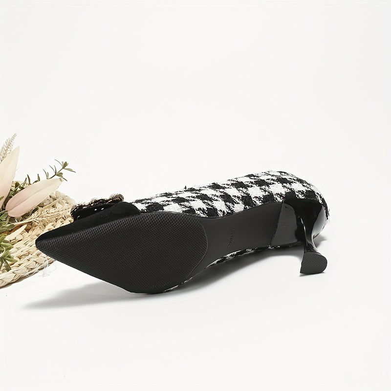 Women's Houndstooth Stiletto Heels Faux Pearl Buckle Cap Toe Pumps