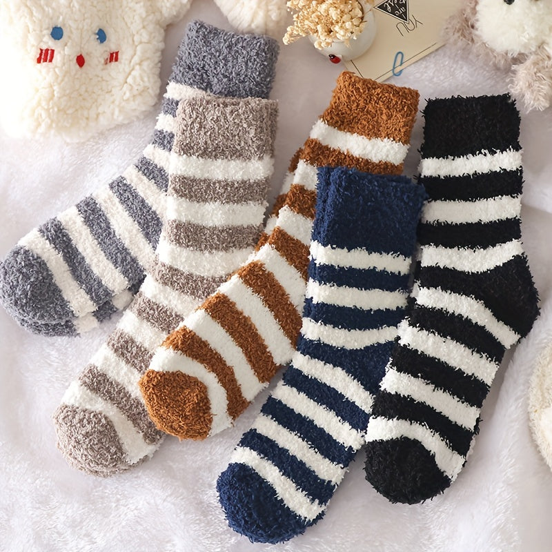 5 Pairs Striped Fuzzy Socks Comfy & Warm Mid Tube Stockings