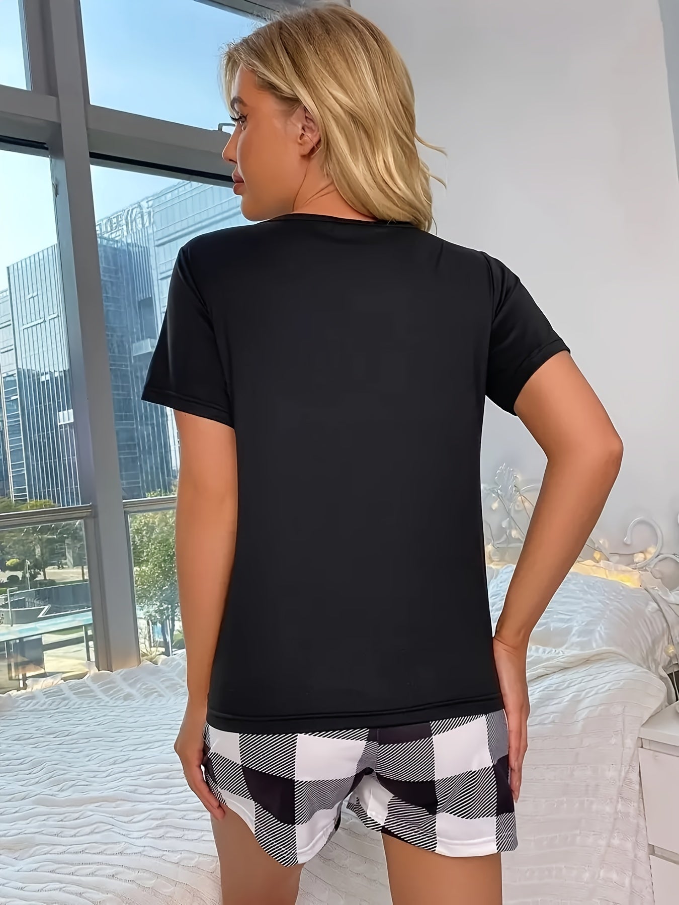 Plaid Pajamas Set Short Sleeve Tee & Bow Shorts PJ Women's Sleepwear