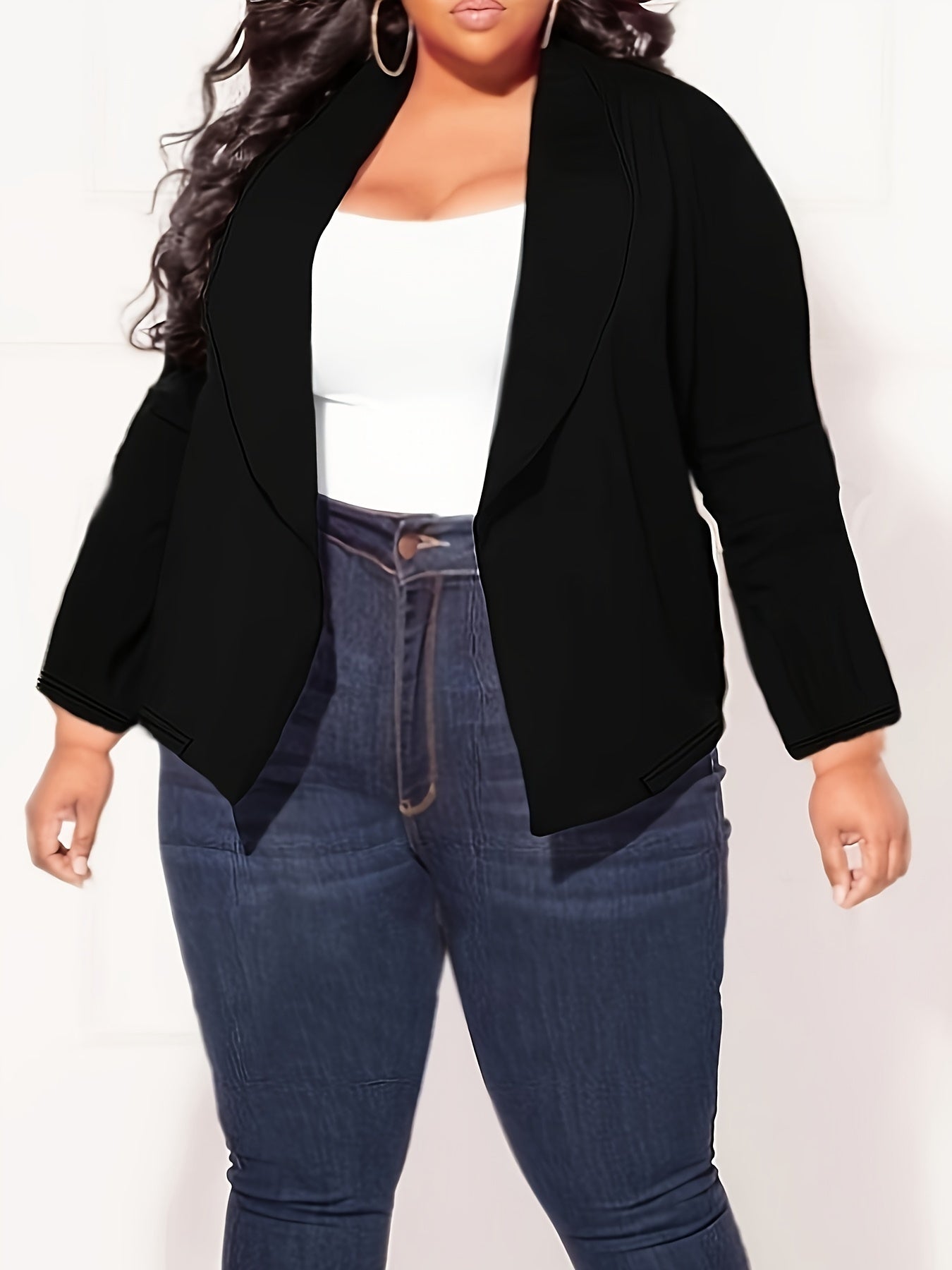  Basic Blazer Women's Plus Solid Long Sleeve Lapel Collar All match Bla
