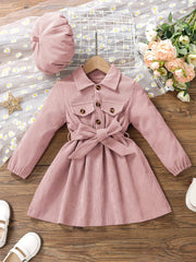 Girls Corduroy Button Front Collar Neck Dress Set