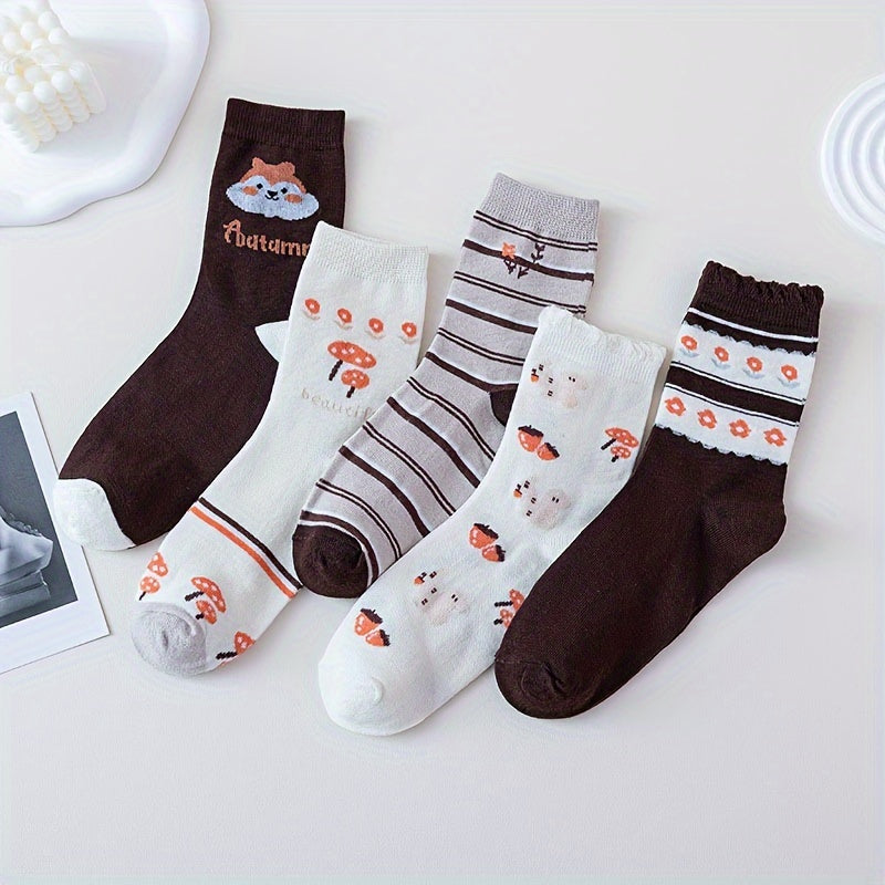 5 Pairs Floral & Animal Print Socks Comfortable Mid Tube Women's Stockings