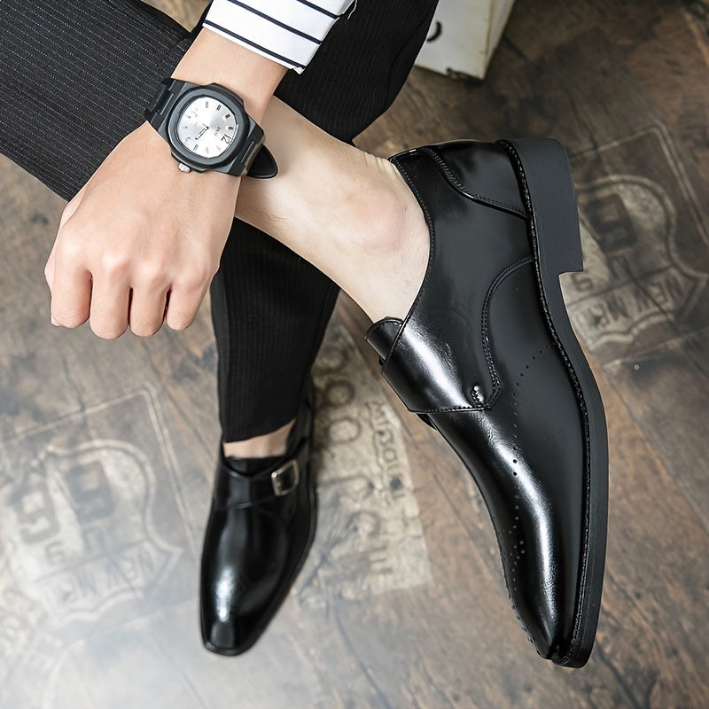 Men's Brogue Monk Strap Loafer Shoes Square Toe Casual Dress Shoes