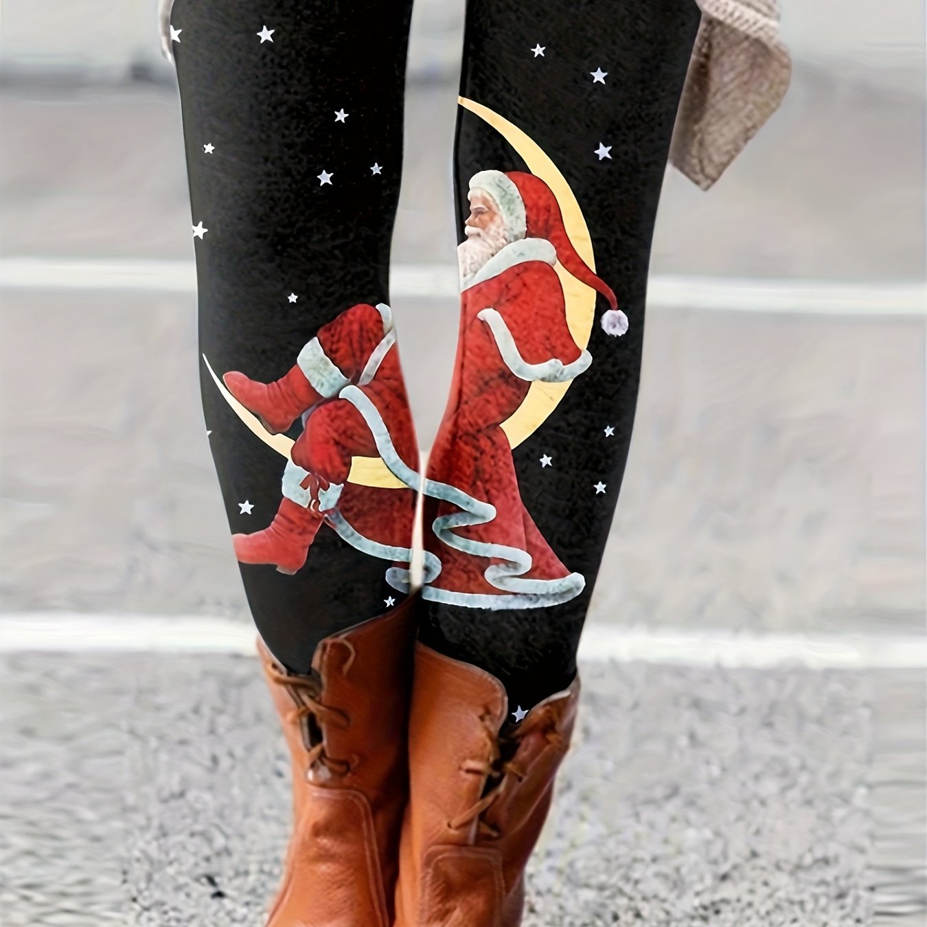  Christmas Leggins Women's Plus Starry Sky & Santa Claus Print Leggings
