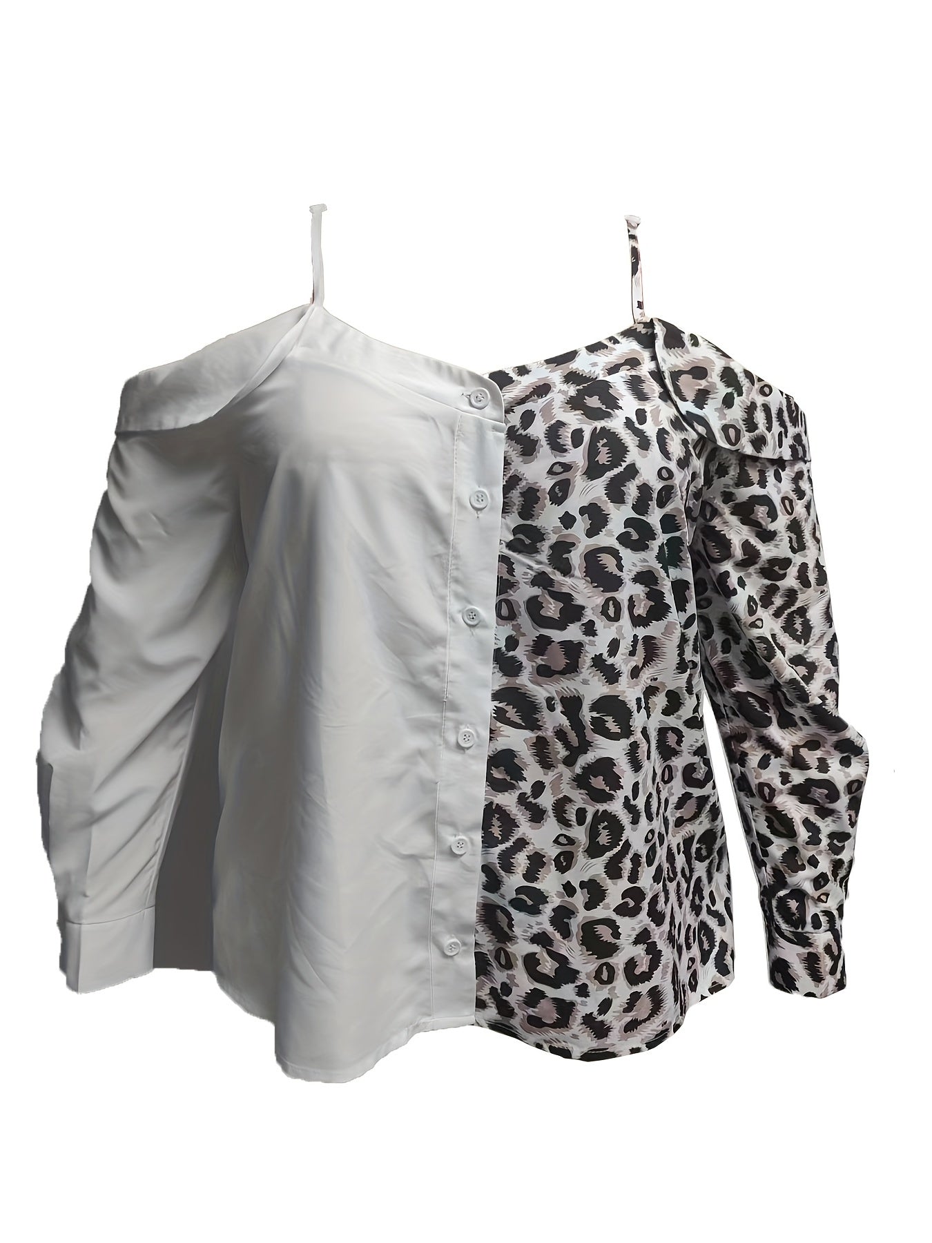  Colorblock Leopard Print Cold Shoulder Blouse