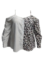 Colorblock Leopard Print Cold Shoulder Blouse