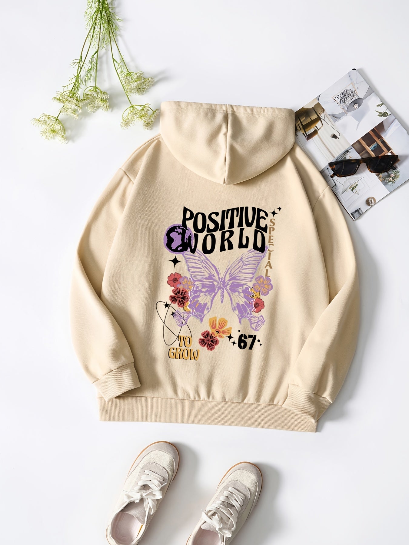 Butterfly & Flower Print Hoodie Sweatshirt Women's Casual Sports Top