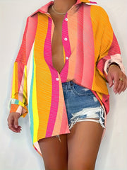  Stripe Print Long Sleeve Button Up Shirt