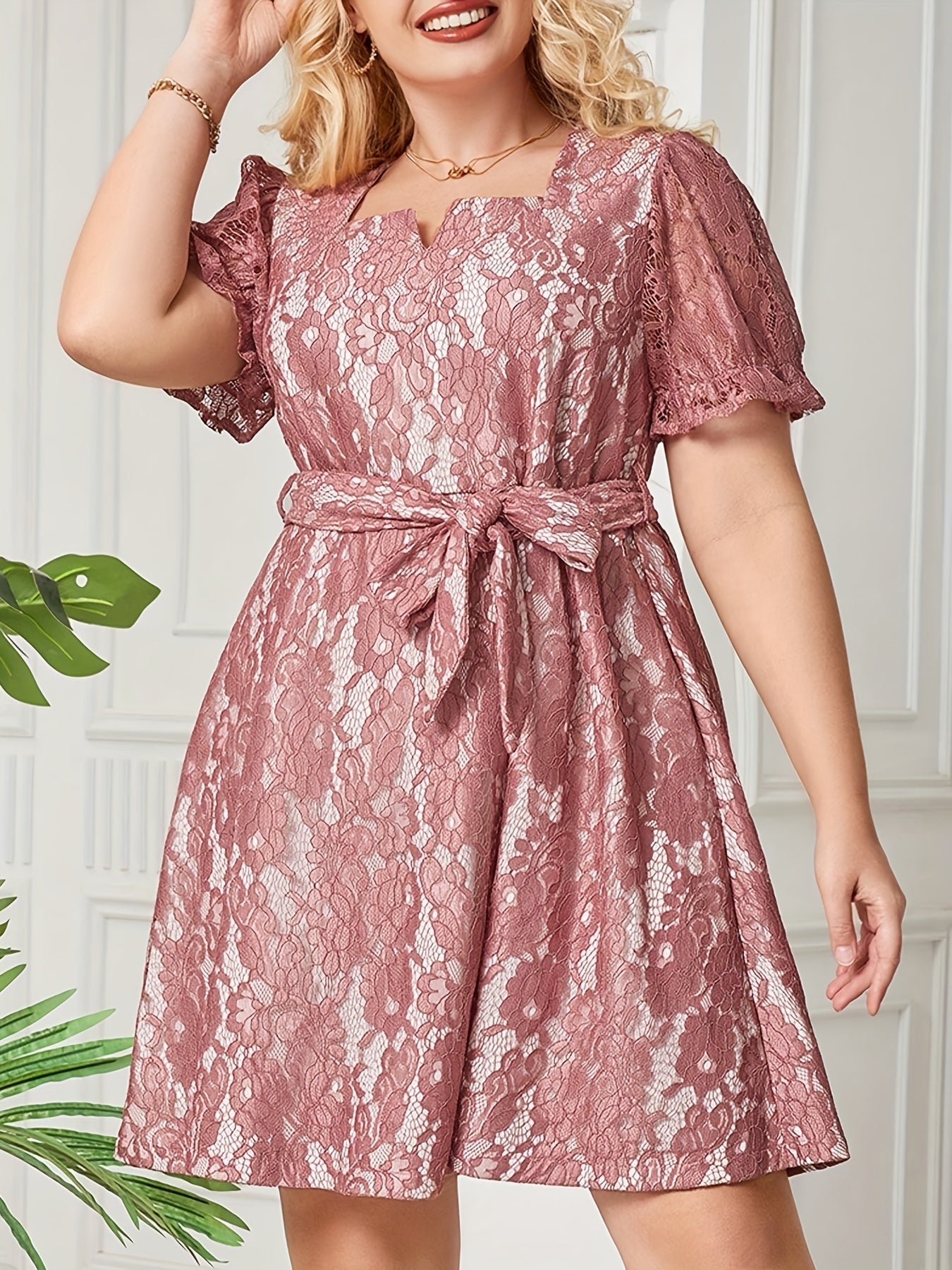  Solid Lace Puff Sleeve Mini Dress With Belt