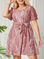  Solid Lace Puff Sleeve Mini Dress With Belt