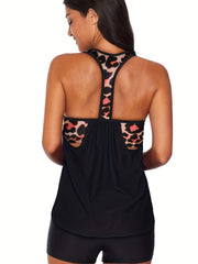 Leopard Print Racer Back 2 Piece Tankini Swimsuit