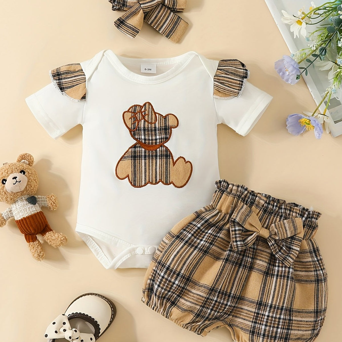 Baby Girls Plaid Bear T shirt & Bow Shorts Set