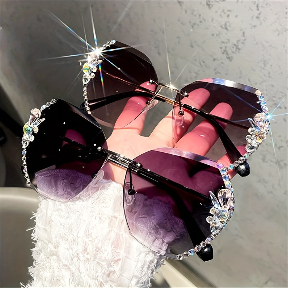 Rhinestone Rimless Sunglasses Large Gradient UV400 Sun Shades