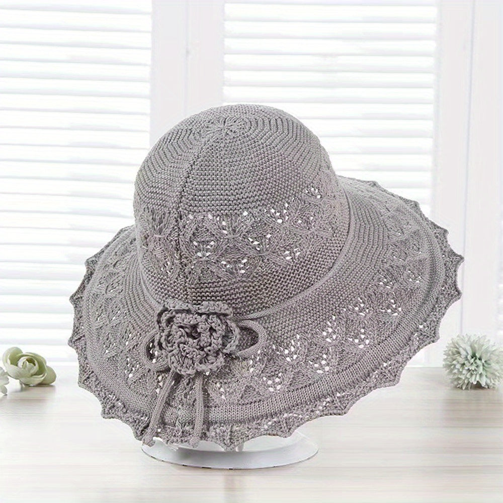 Khaki Hollow Knitted Sun Hat Flower Foldable Travel Beach Casual Bucket Hat