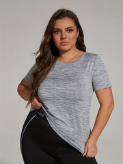  Heathered Round Neck Cut Out Twist Back High Stretch Fitness Top