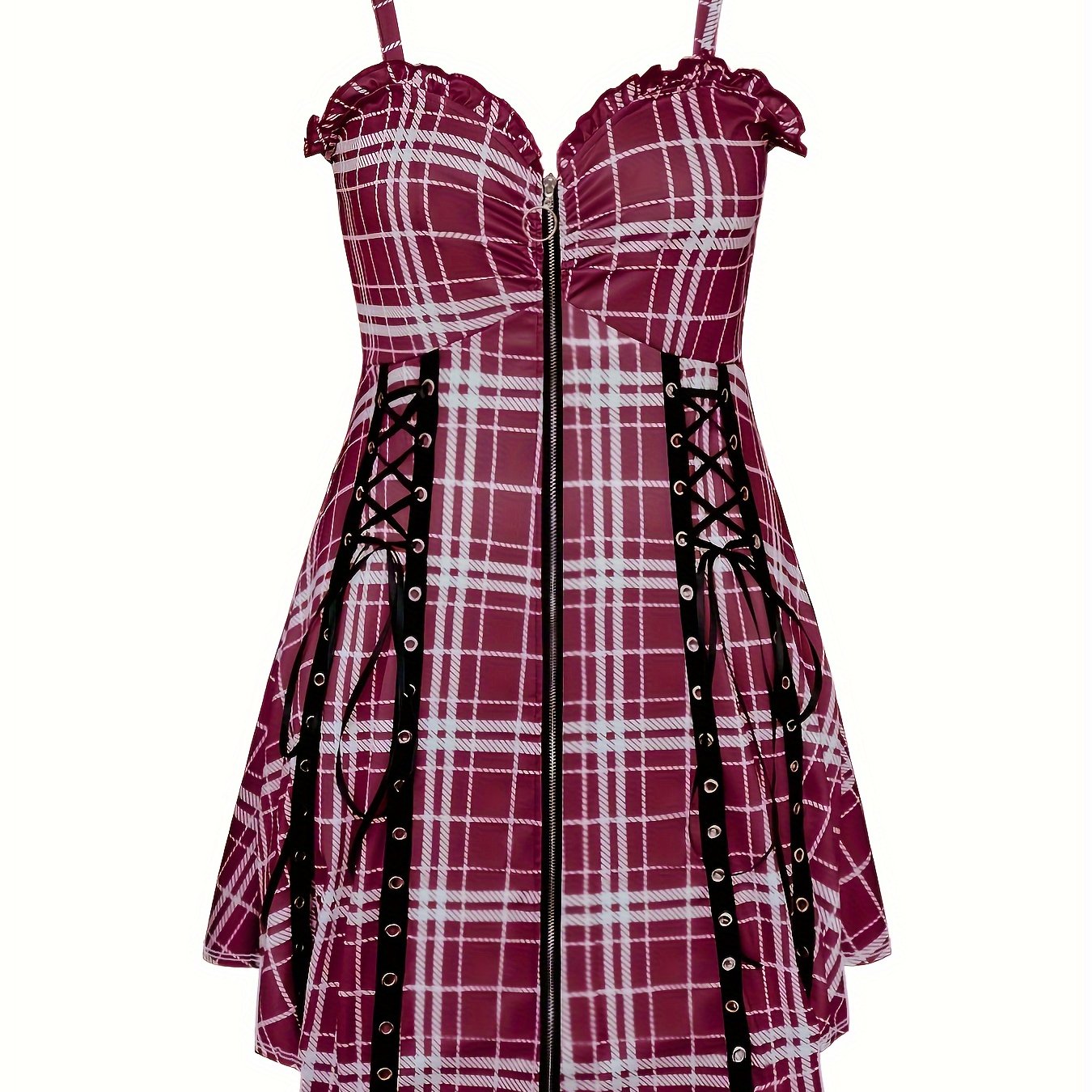  Plaid Print Zipper Lace Up Ruffle Trim V Neck Cami Dress