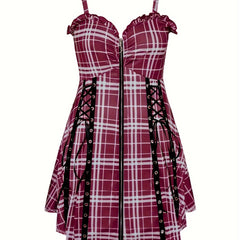  Plaid Print Zipper Lace Up Ruffle Trim V Neck Cami Dress