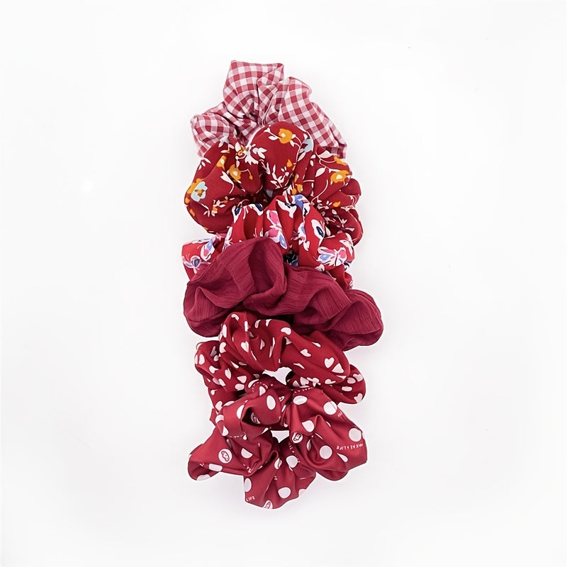 6pcs Floral Chiffon Hair Scrunchies Ties Colorful Elastic Polka Dot & Striped