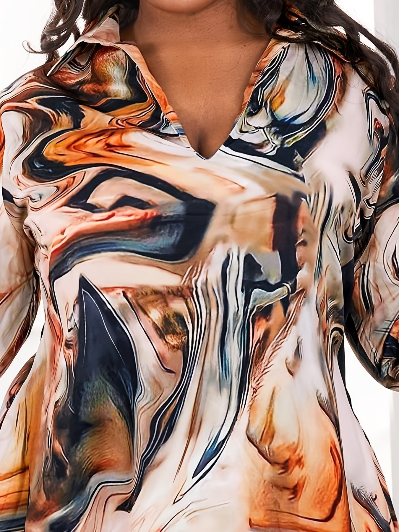 Plus Size Women's Marble Print V Neck Loose Fit Dress