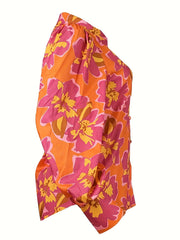  Floral Print Button Up Lantern Sleeve Blouse