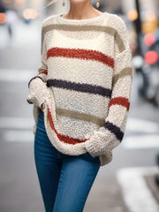 Casual Stripe Print Long Sleeve Round Neck Tunic Jumper