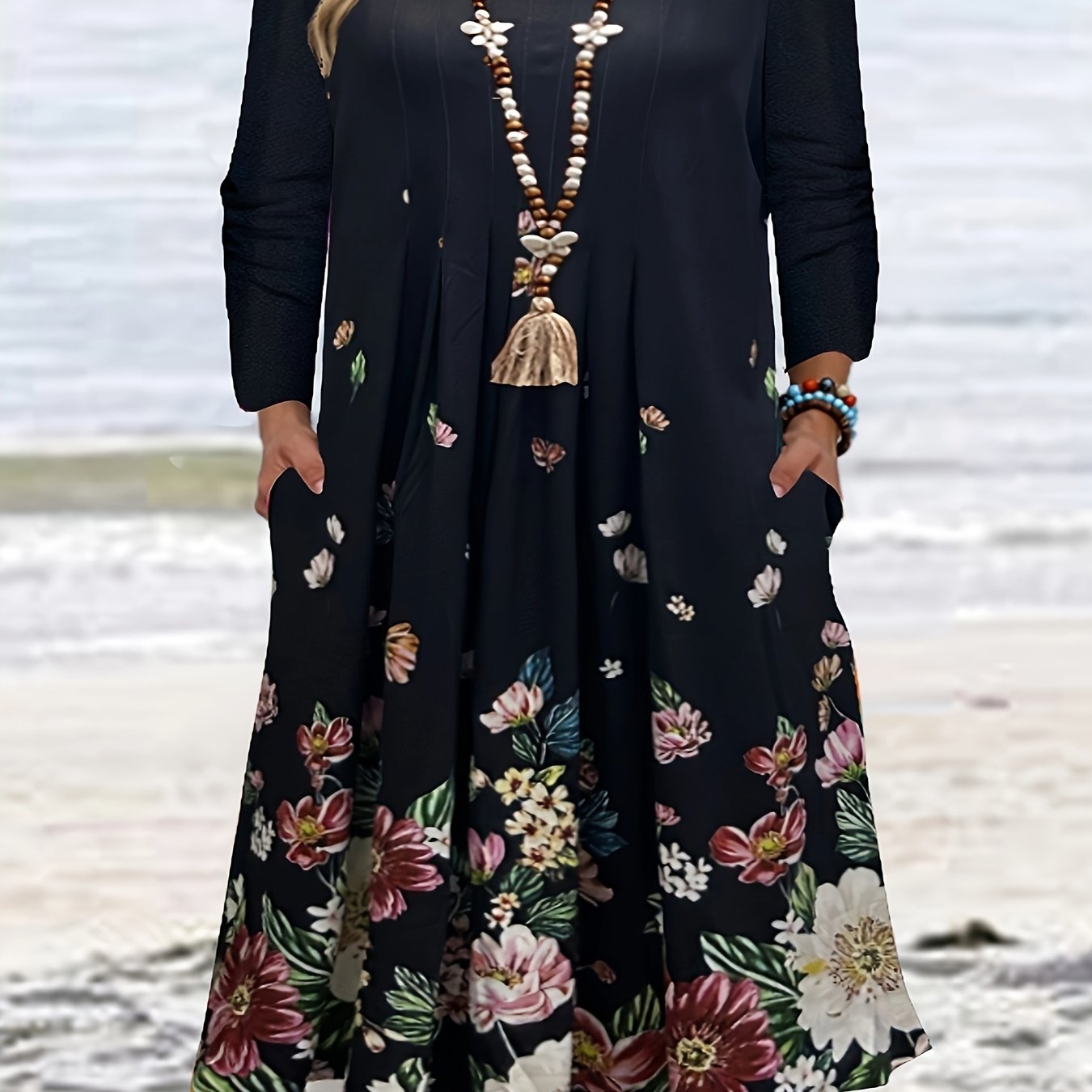  Floral Print Long Sleeve Dress With Pockets