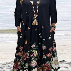  Floral Print Long Sleeve Dress With Pockets