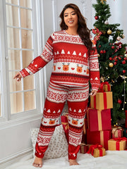  Christmas Loungewear Set Women's Plus Elk & Striped Print Tee & Pants