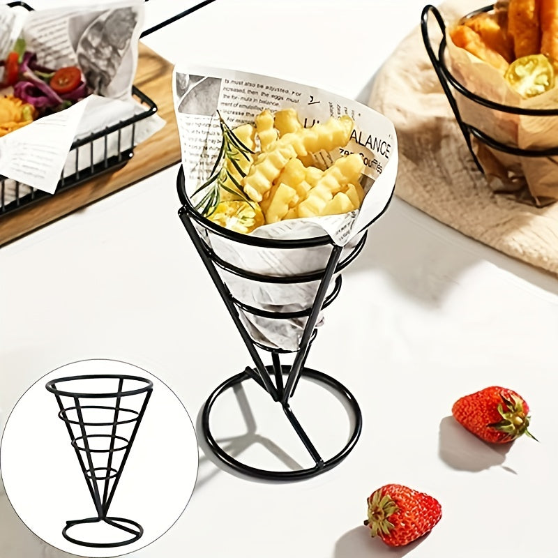 Metal Wire French Fry Holder with Sauce Dipper for Finger Food Cones