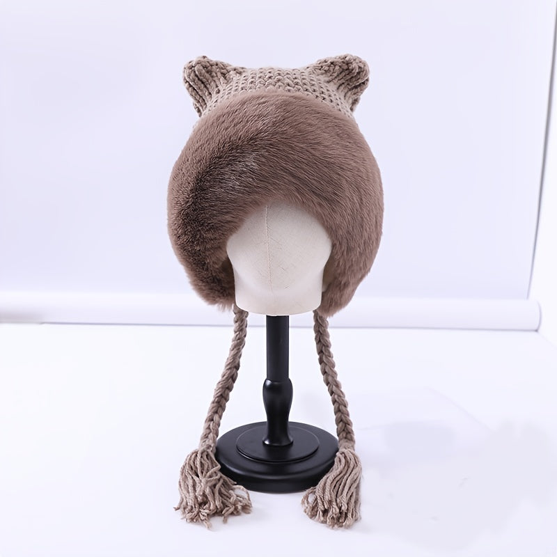Women's Winter Pom Beanie Hat Fluffy Knit Cat Fox Ear Faux Fur Skull Cap
