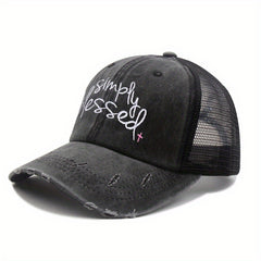 Blessed Ponytail Trucker Hat Embroidered Ripped Washed Distressed Baseball Cap
