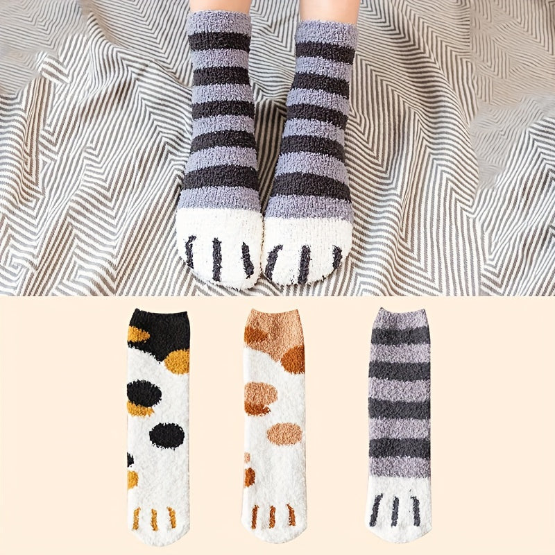 3 Pairs Cat Claw Print Socks Fuzzy & Warm Women's Stockings