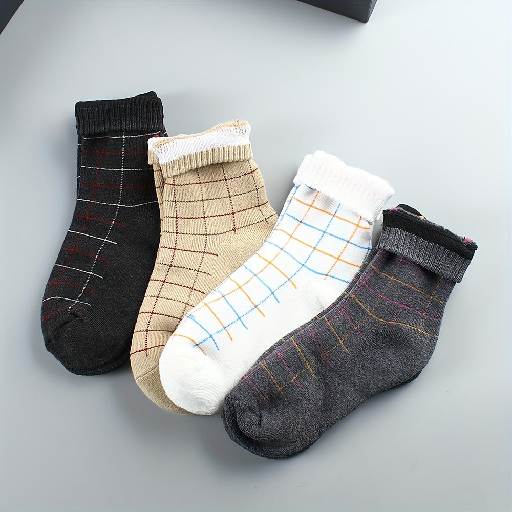 4 Pairs Plaid Crew Socks Soft Mid Tube Women's Stockings