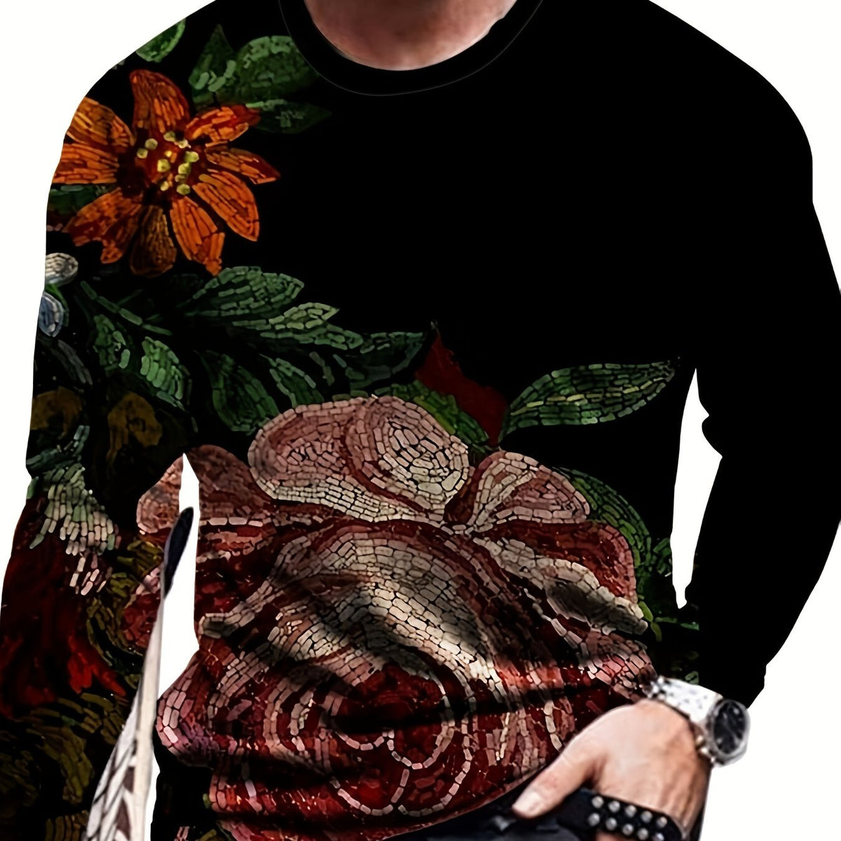 Colorful Flowers Print Men's Long Sleeve Novelty T shirt