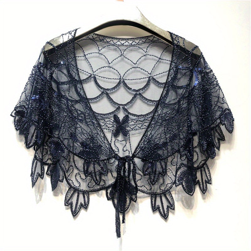 Vintage Sparkly Shawl Wraps Beaded Sequin Boho Evening Cape Mesh
