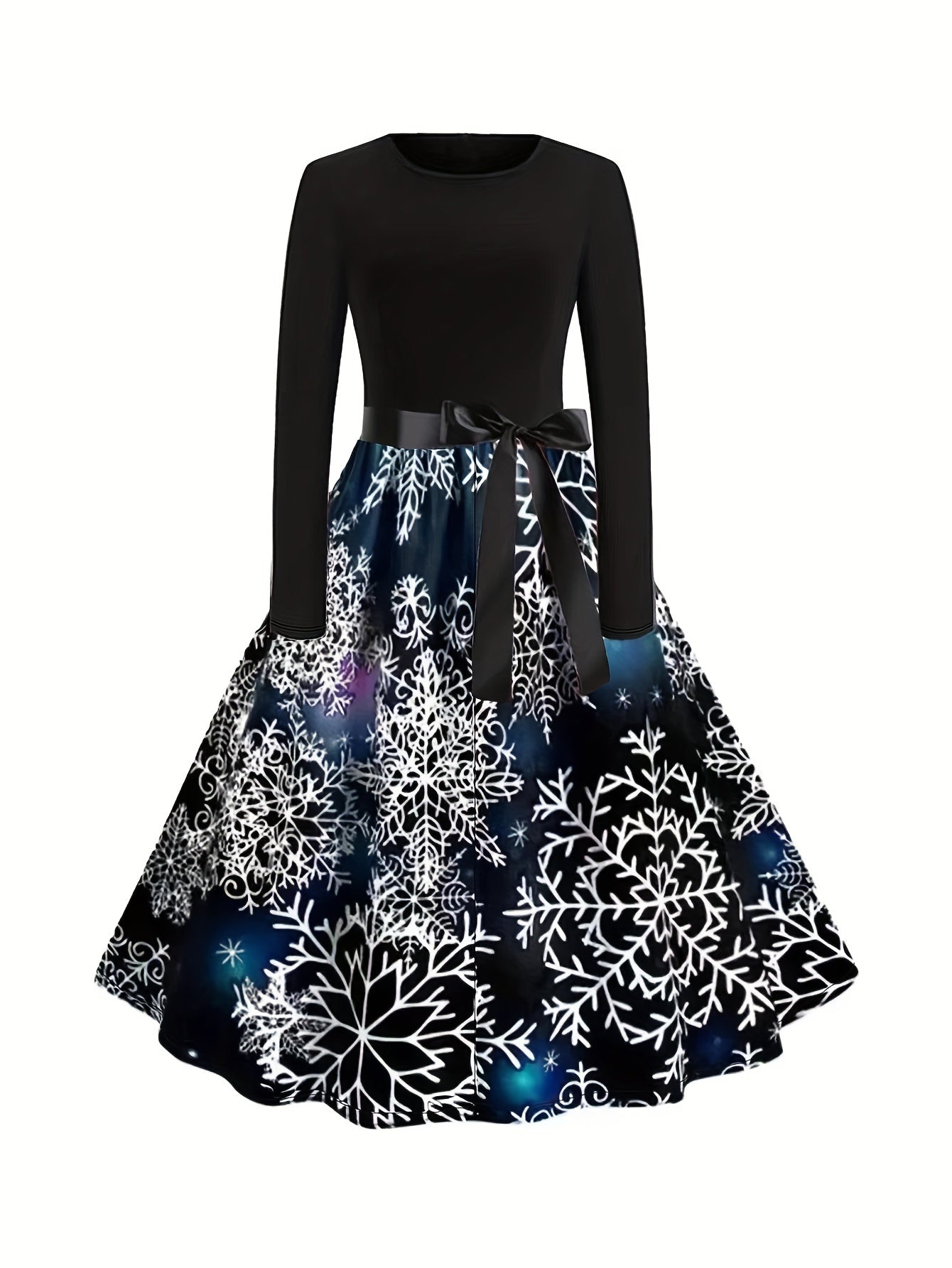  Colorblock Graphic Print Round Neck Belted Dress