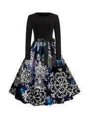  Colorblock Graphic Print Round Neck Belted Dress