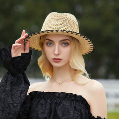 Vintage Summer Straw Hat with Crochet Brim