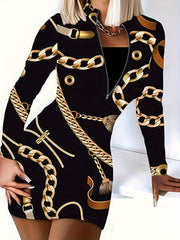  Sexy Baroque Print Zipper Bodycon Dress