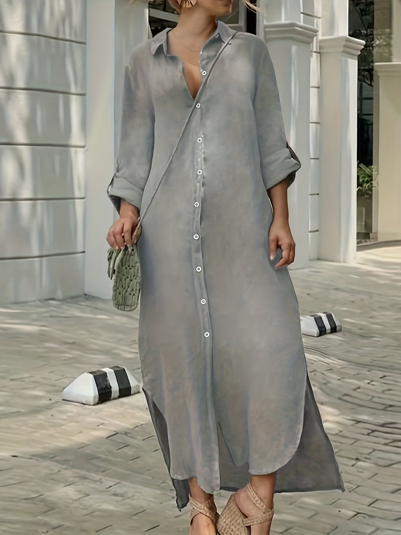  Solid Long Sleeve Maxi Shirt Dress