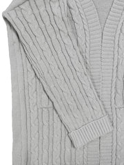  Solid Ribbed Long Sleeve Open Front Cardigan With Pockets