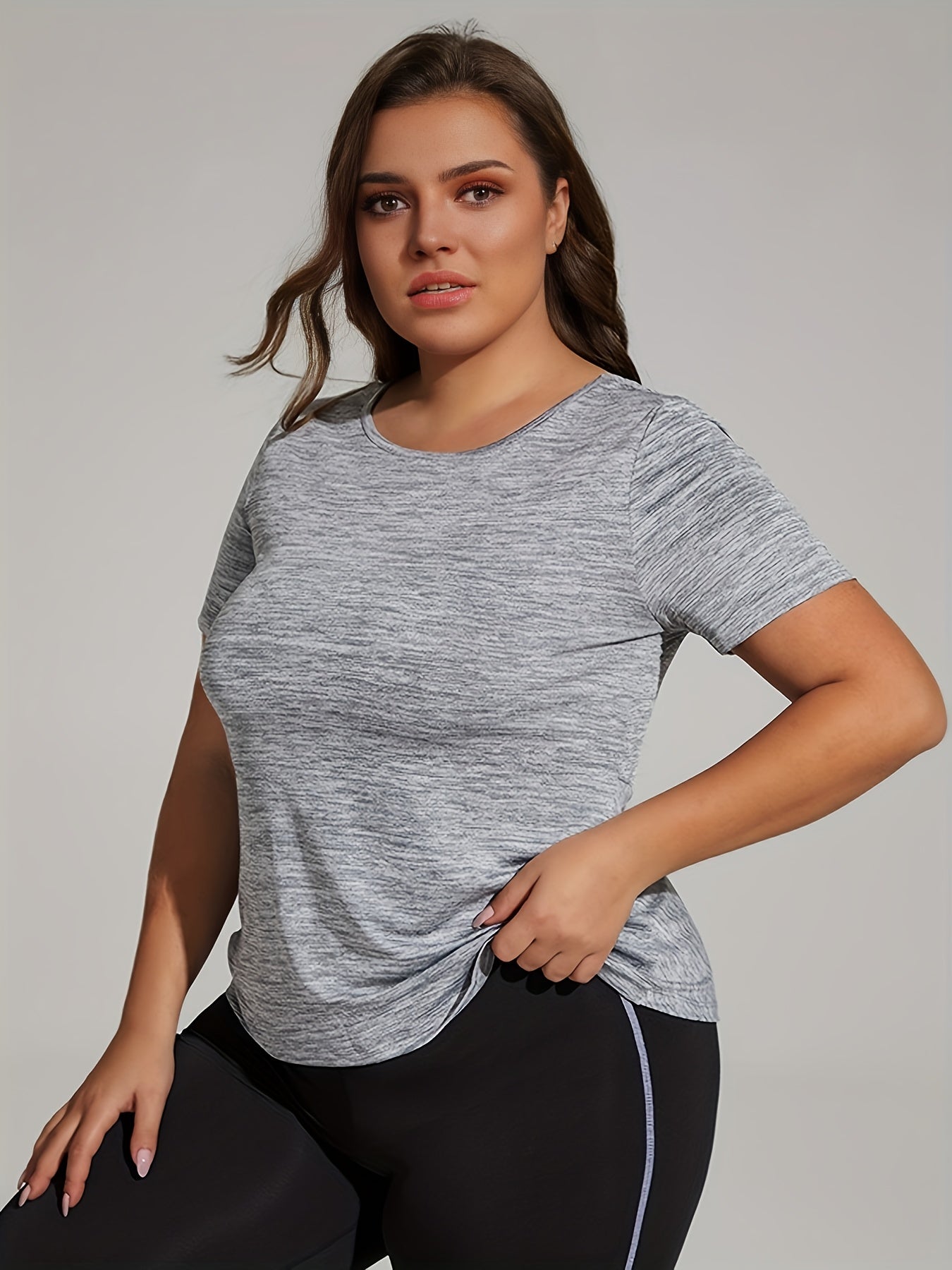 Heathered Round Neck Cut Out Twist Back High Stretch Fitness Top