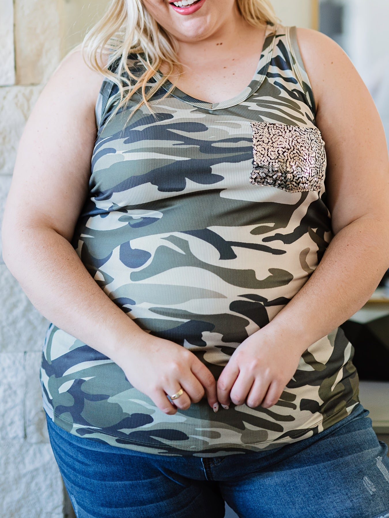  Camo Print Sequin Round Neck Tank Top
