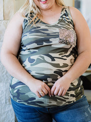  Camo Print Sequin Round Neck Tank Top