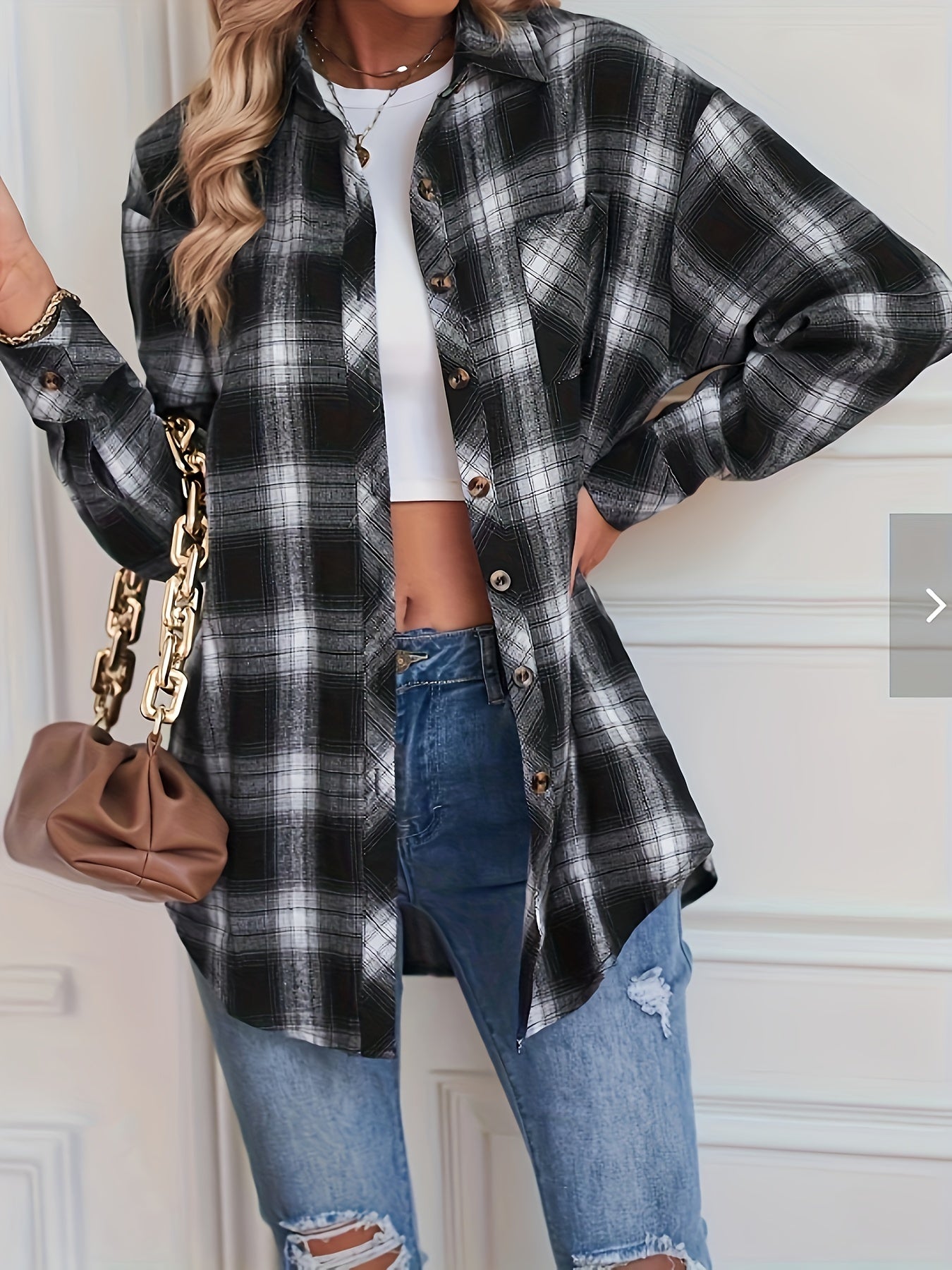  Plaid Print Button Up Long Sleeve Blouse