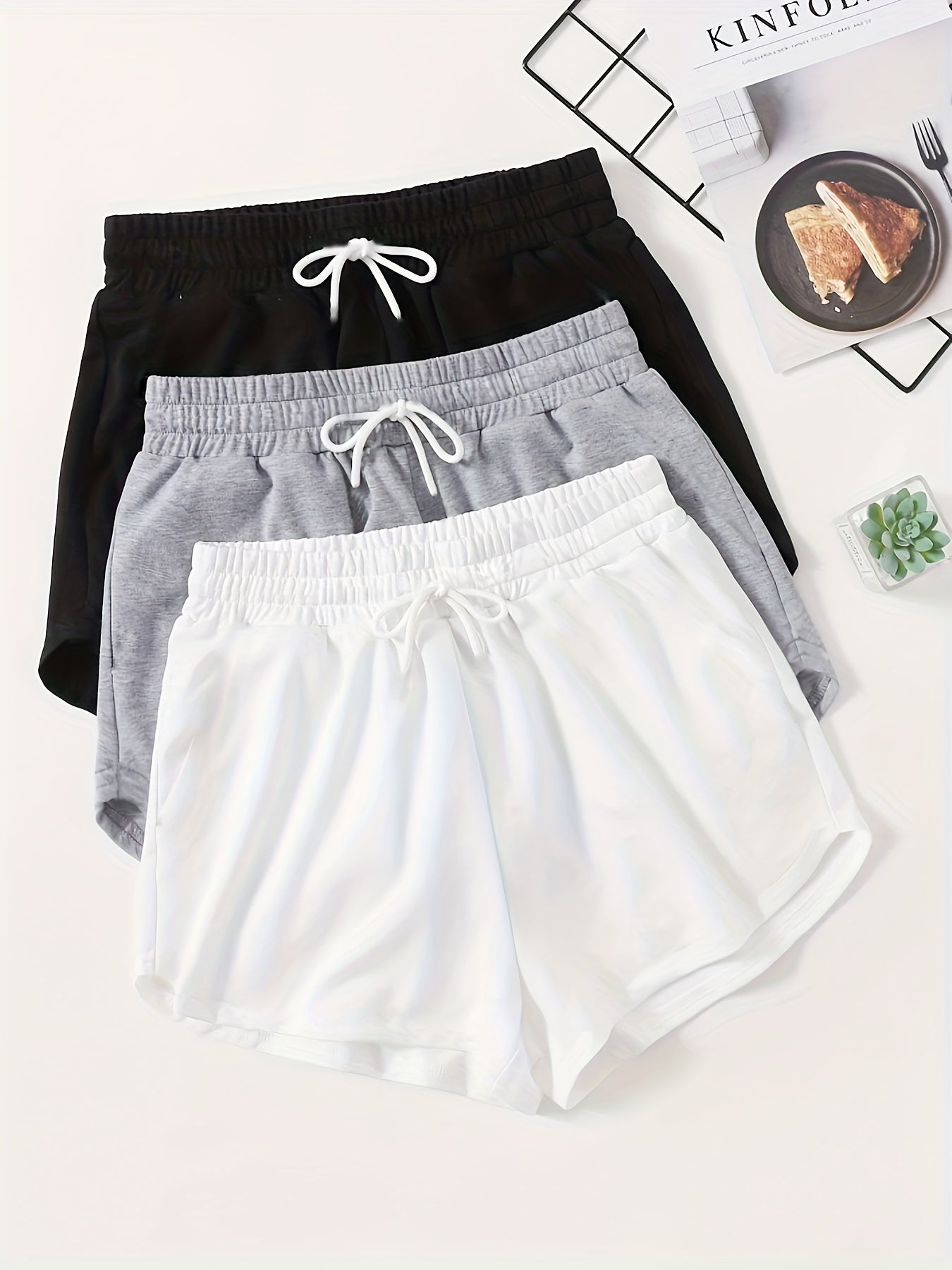 3pcs Solid Lounge Bottoms Elastic Waistband Shorts Womens Loungewear