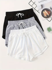 3pcs Solid Lounge Bottoms Elastic Waistband Shorts Womens Loungewear