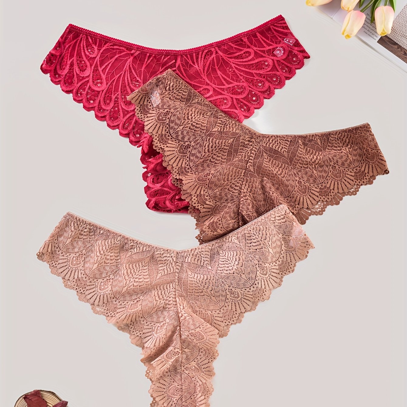 3 Pack Plus Size Panties Set High Stretch Underwear Women's Solid Floral Lace