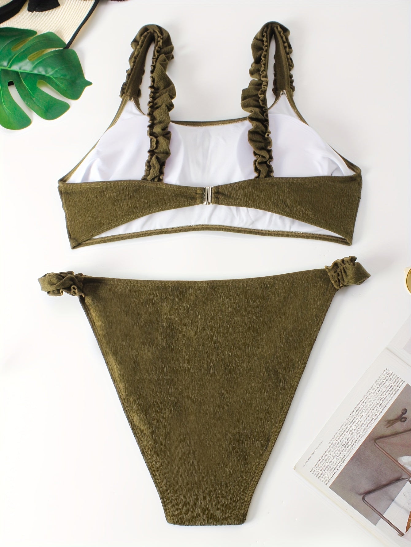  Vacay Bikini Set Plain Frill Trim Padded Bra & Panty Swimsuit
